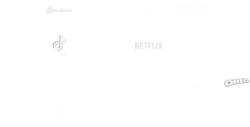 Logos de marcas que já trabalharam com a Delta: Nubank, Bauducco, Méqui, Insider, Coca-Cola, Alura, Omelete CCXP, TikTok, iFood, Netflix, Outback, Claro tv+, Prime Video, Paramount, Dove, OXXO, Globoplay, Oreo, Corona, BR, Grupo Boticário, TIM, Multi e Disney+
